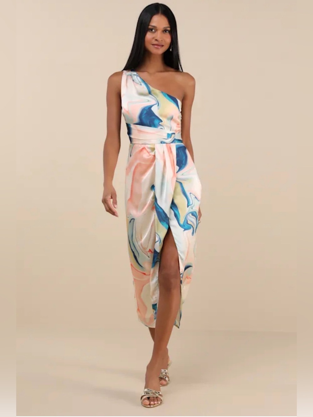 Lulus One-Shoulder White Abstract Satin Midi Dress with slit Medium